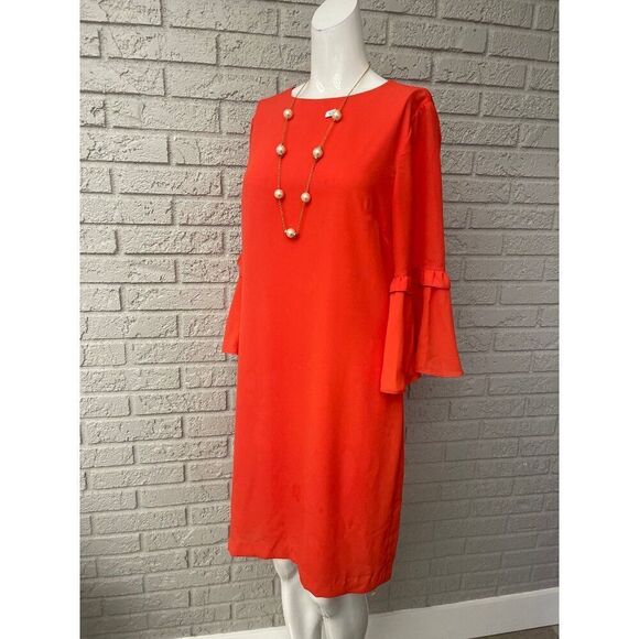 Banana Republic Women Red 3/4 Length Ruffle Sleeve Shift Dress Size 8 - Picture 2 of 8